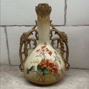 Cream Ceramic Floral Vase with Gold-Tone Handles